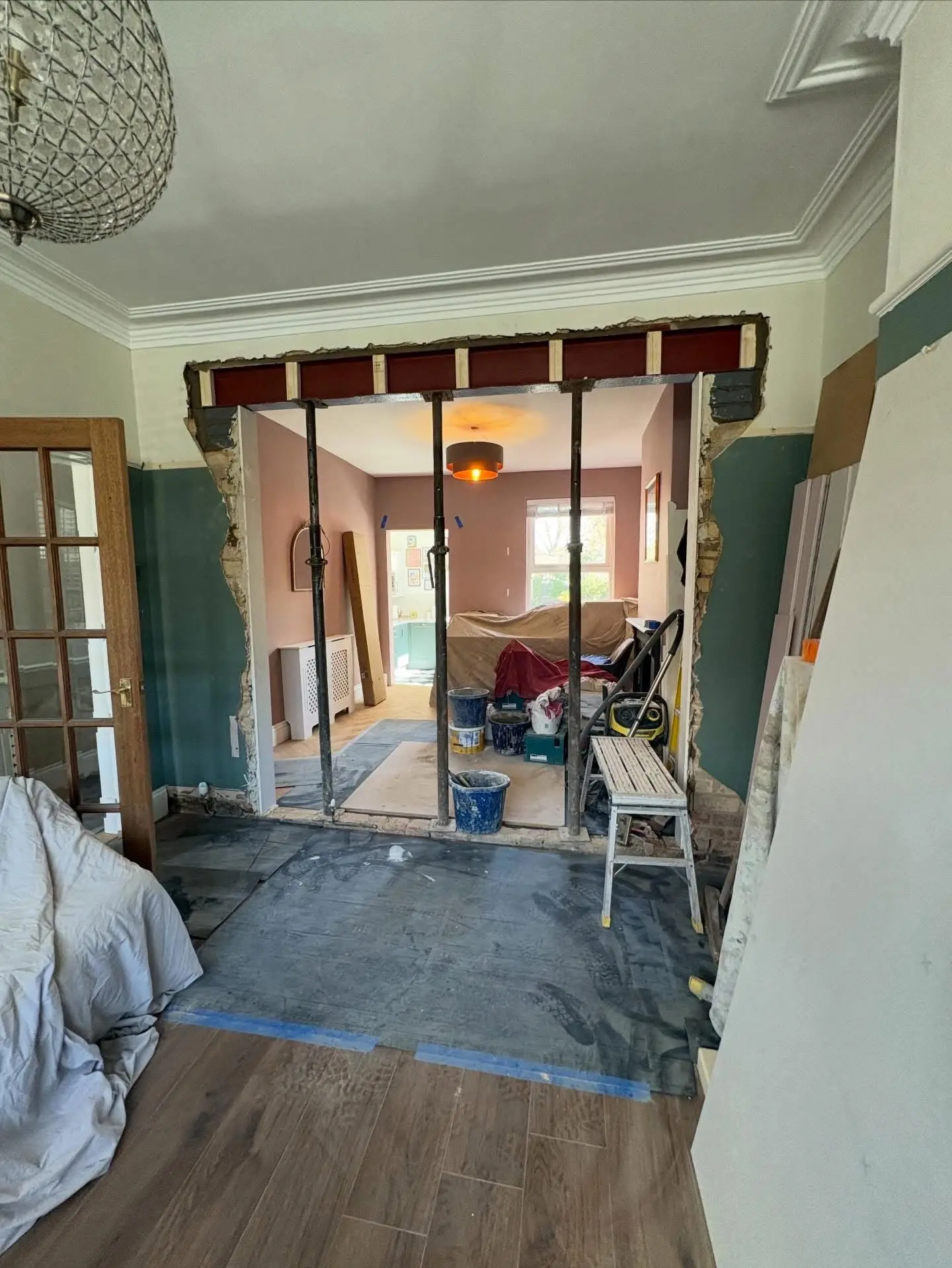 Full home refurbishment Barnet structural wall removal with steel props - during project
